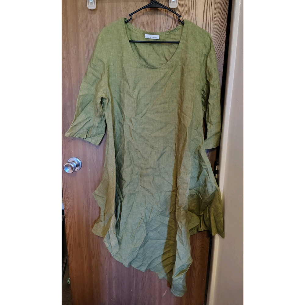 Bryn Walker Green Linen Dress tunic Asymmetrical Hem Lagenlook MidSleeve Loose M - Picture 4 of 11